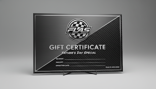 A sleek, modern metallic gift certificate for Finish Line Auto Sports, styled with a carbon fiber texture and silver accents, indicating a Father's Day Special.