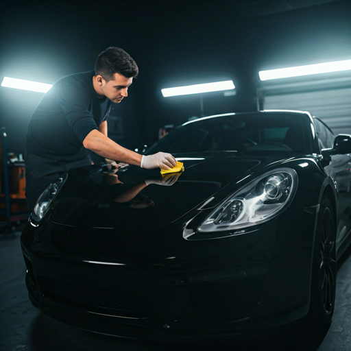 Professional automotive detailing technician carefully applying ceramic coating to the sleek hood of a black sports car under bright studio lights. The finish is flawless and highly reflective, showcasing premium quality work in a modern garage environment.